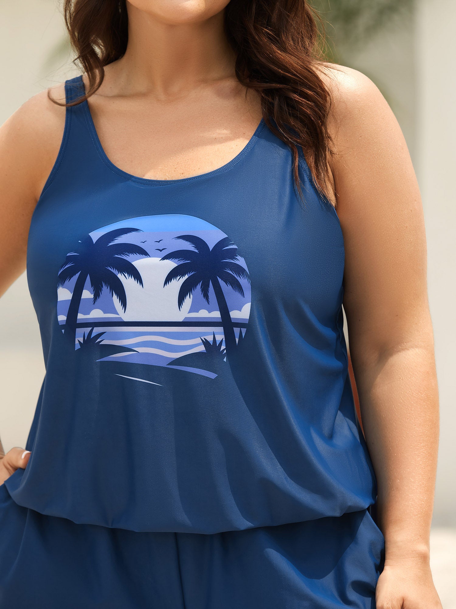 Island Pattern Pockets One-Piece Swimsuit