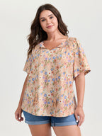Sweet Floral Print Shirred Drawstring Neckline Top