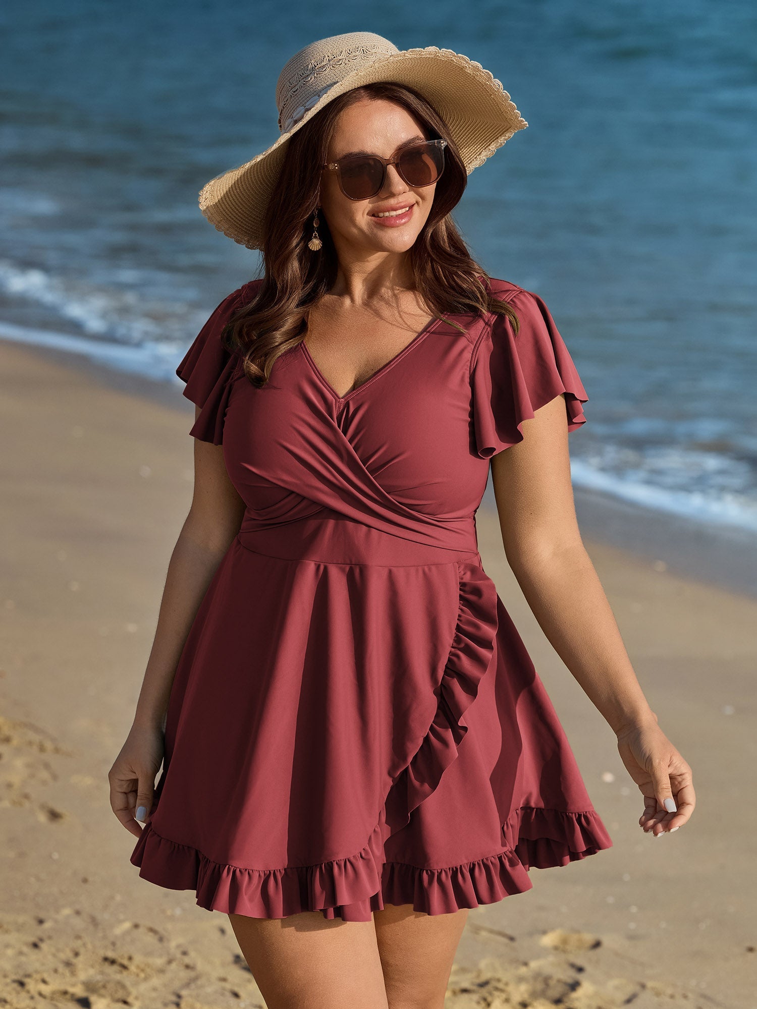 Ruffled Sleeve Curvy Hem Swim Dress
