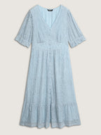 Lace Trim Shirred Button Detail Midi Dress