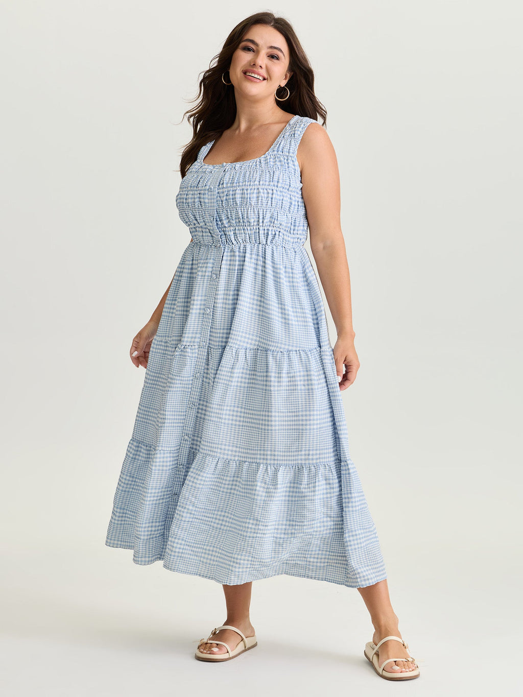 Check Pattern Shirred Bodice Midi Dress