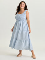Check Pattern Shirred Bodice Midi Dress