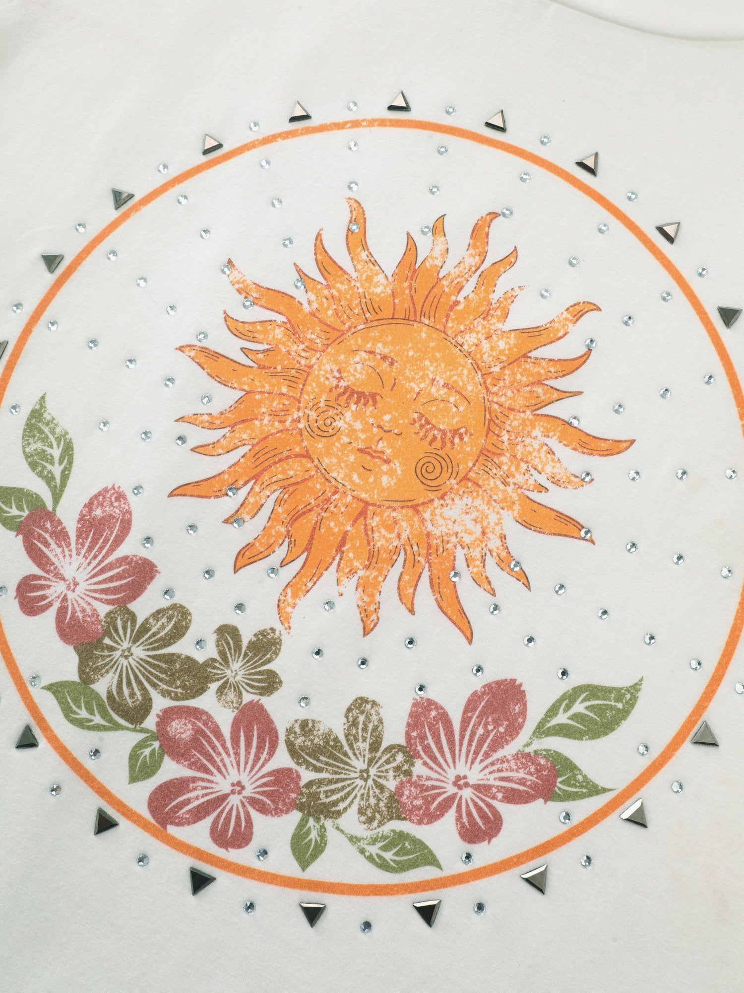 Cotton Sunshine Floral Print Rhinestone T-Shirt