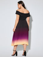Ombre Gradient Pleated Off-Shoulder Midi Dress