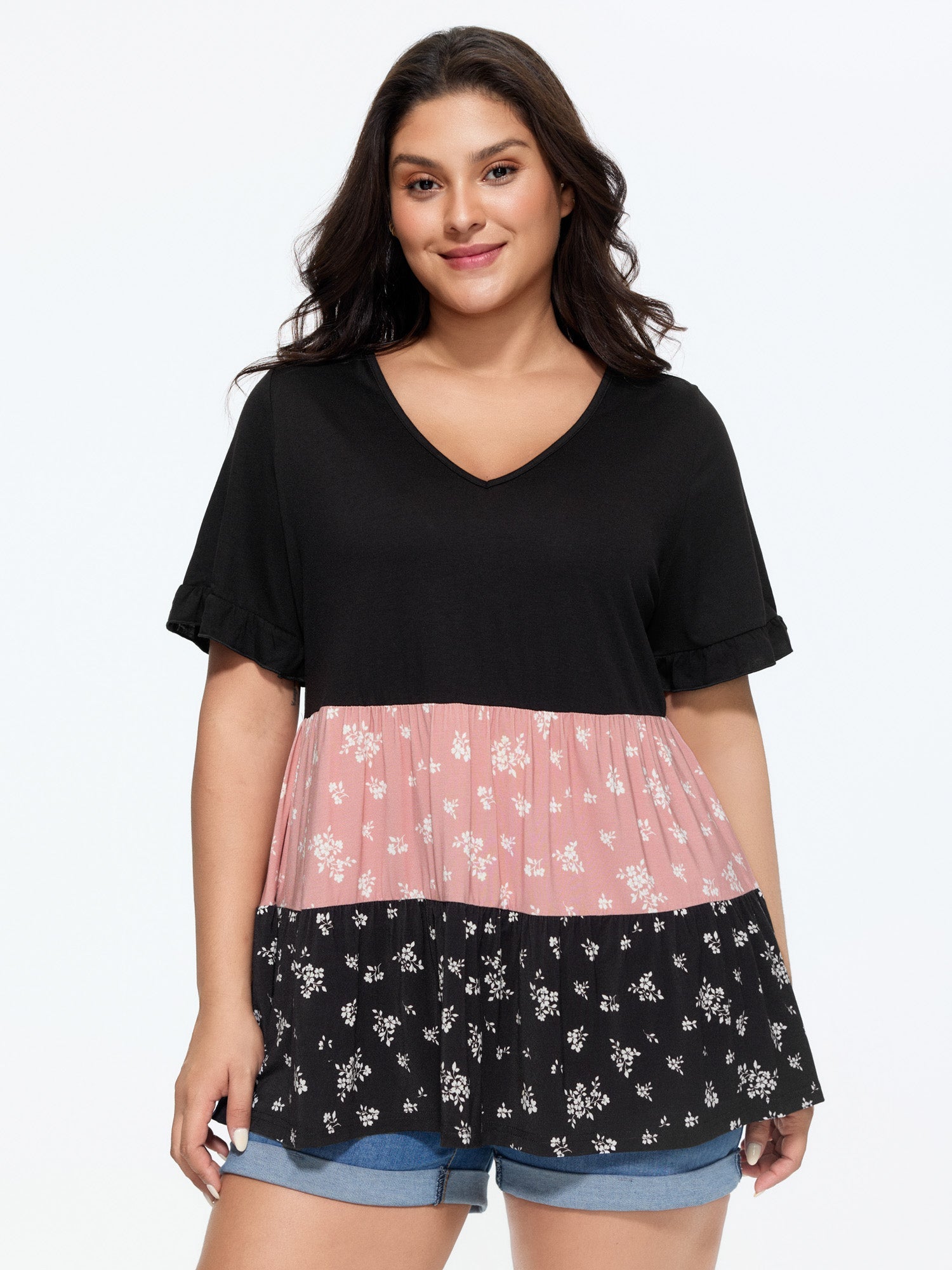 Color Contrast Floral Print Tiered Top