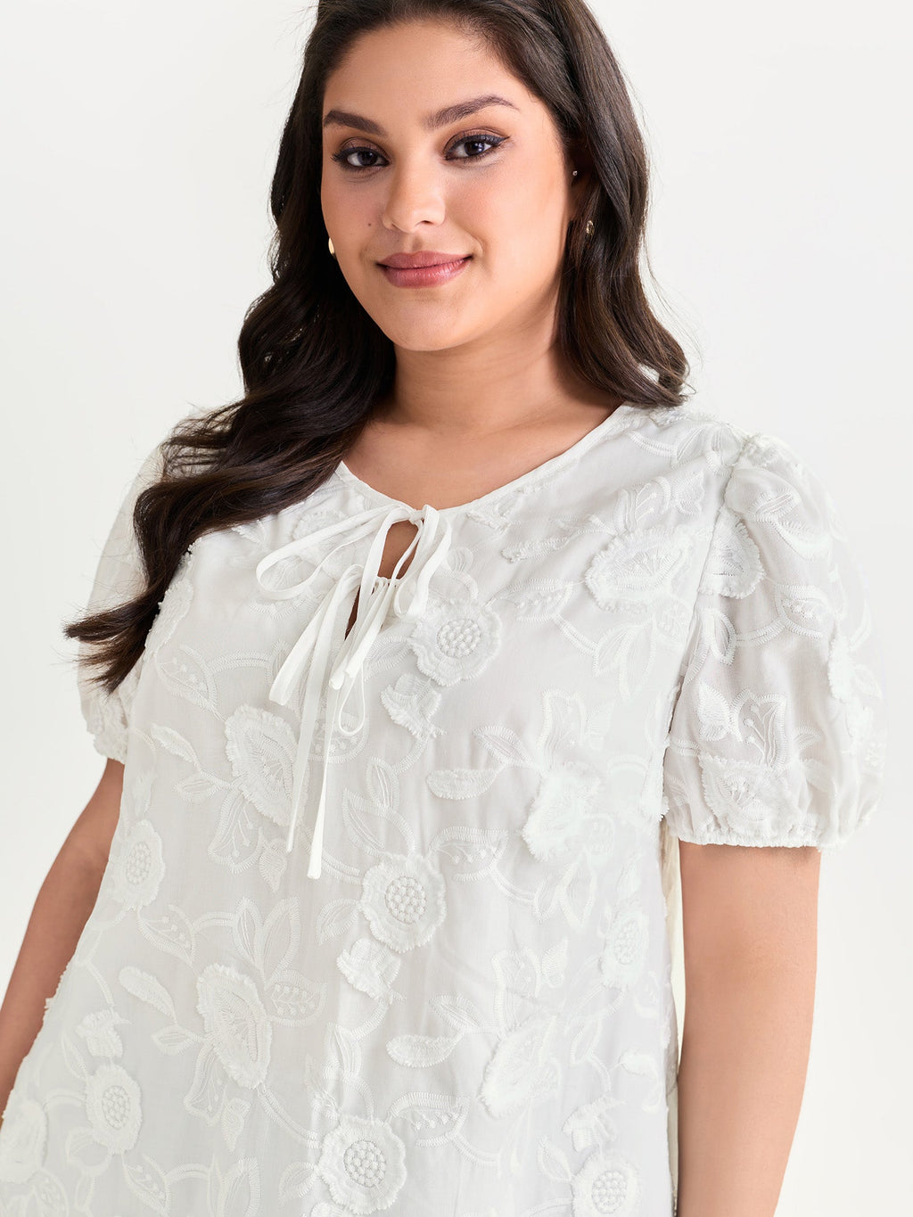 Cotton Floral Textured Puff Sleeve Lined Blouse