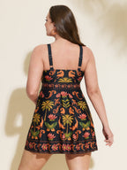 Floral Surplice Neckline Pockets Swim Dress