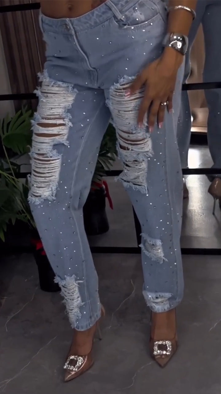 Women Hot Diamond Scratch Mark Hollow Casual Jeans