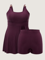 Pleated Metal Detail Curvy Hem Swim Dress