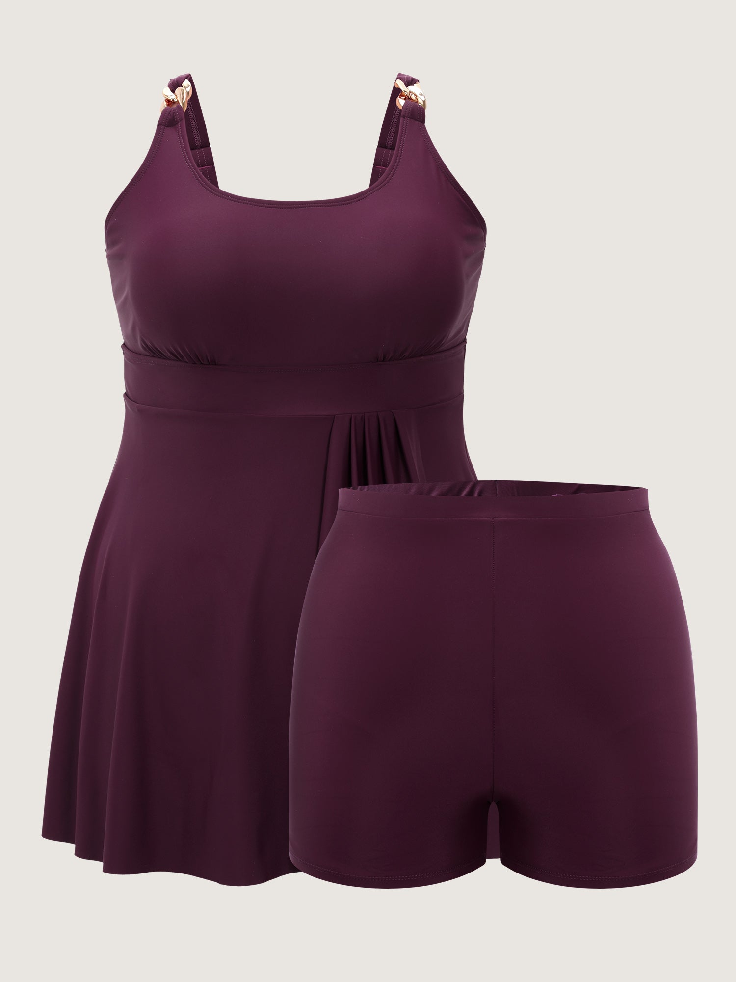 Pleated Metal Detail Curvy Hem Swim Dress