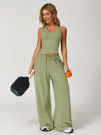 Women's Solid Halter Neck Top & Wide Leg Pants Sports Set