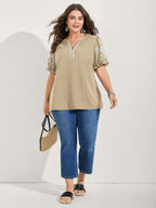 Notched Collar Embroidered Ruffled Blouse
