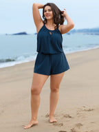 Solid Keyhole Elastic Waist Gathered One Piece Swimsuit