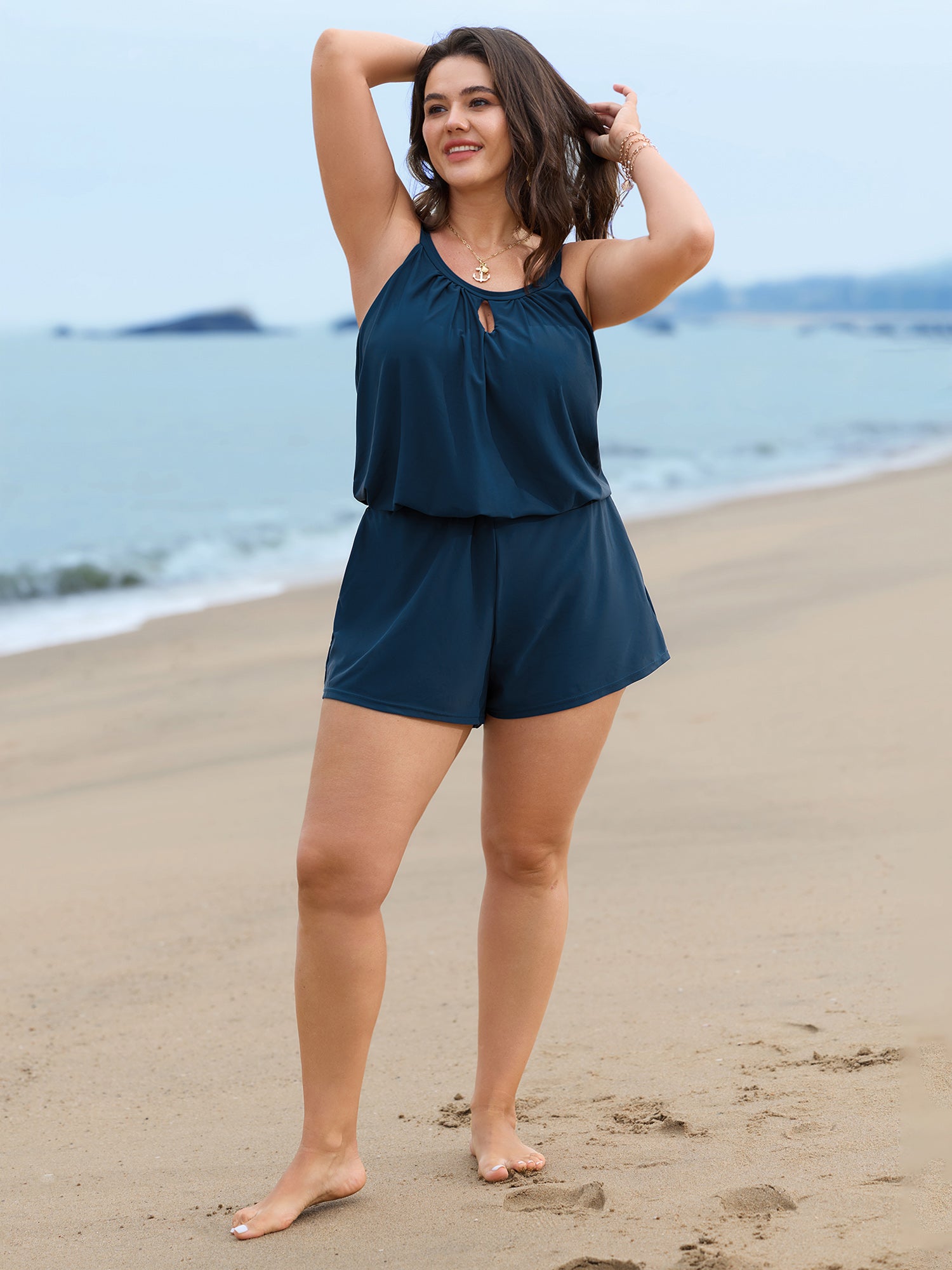 Solid Keyhole Elastic Waist Gathered One Piece Swimsuit