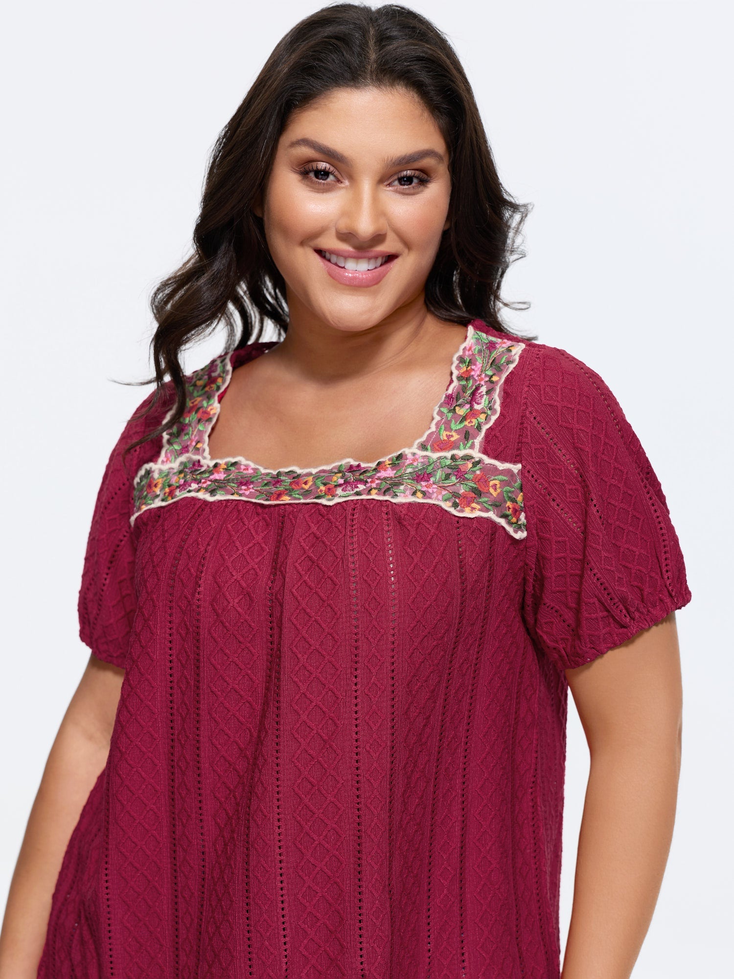 Eyelet Trim Floral Embroidered Solid T-Shirt