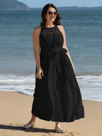 Cotton Sheer Lace Neckline Waist-Tie Maxi Dress
