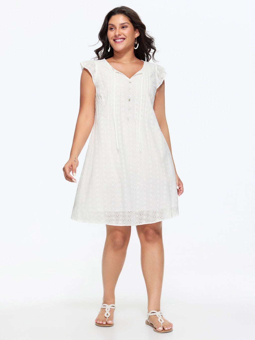 Cotton Eyelet Trim Neck-Tie Pleated Mini Dress