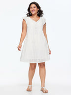 Cotton Eyelet Trim Neck-Tie Pleated Mini Dress