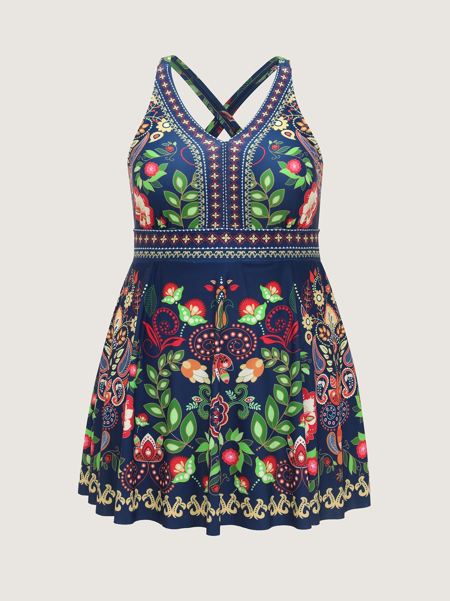 Tropical Floral Print Pockets Swim Dress