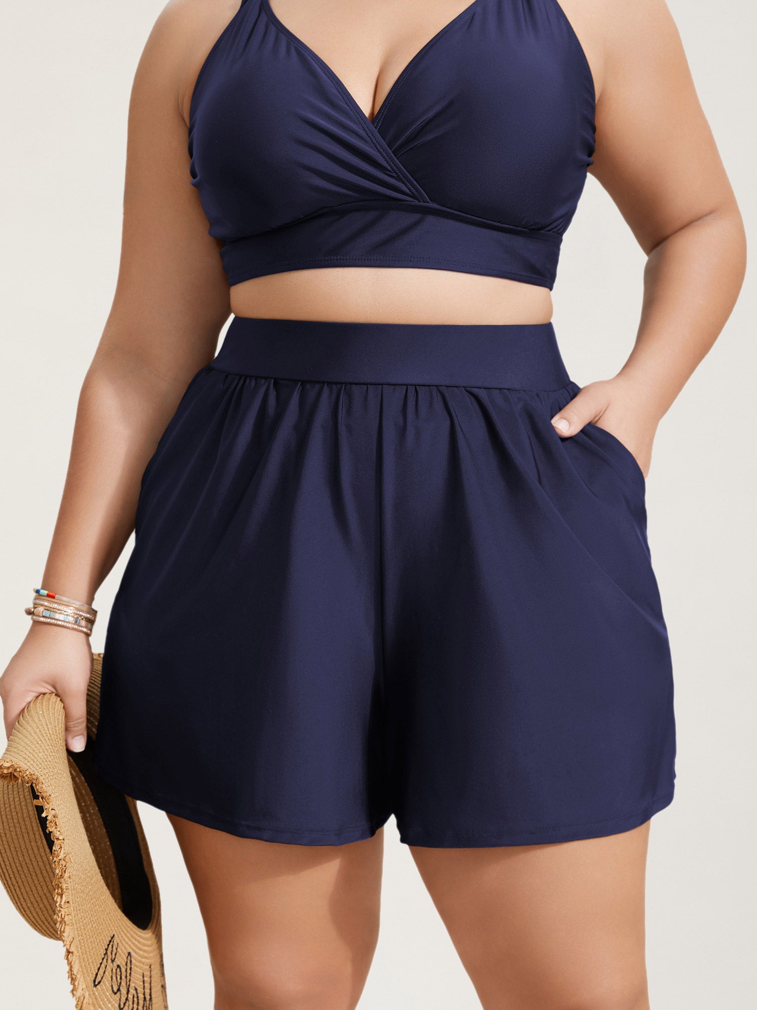 High Waisted Pockets Solid Pleated Swim Shorts