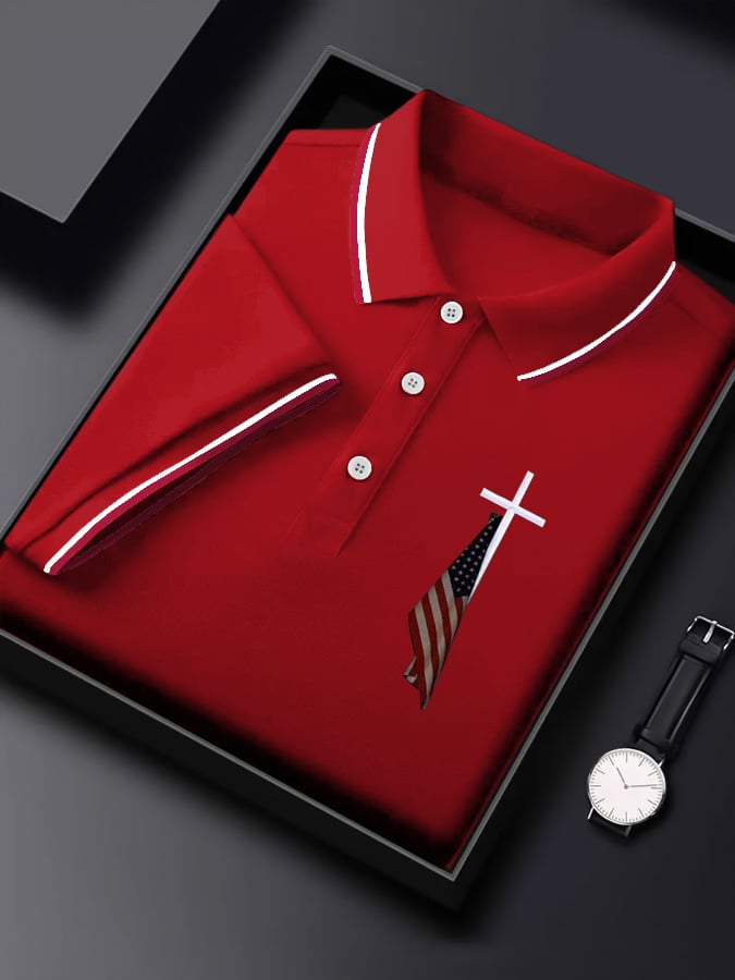 Men's  Flag Cross Print Polo Shirt