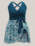 Tropical Split Mesh Belted Swim Dress