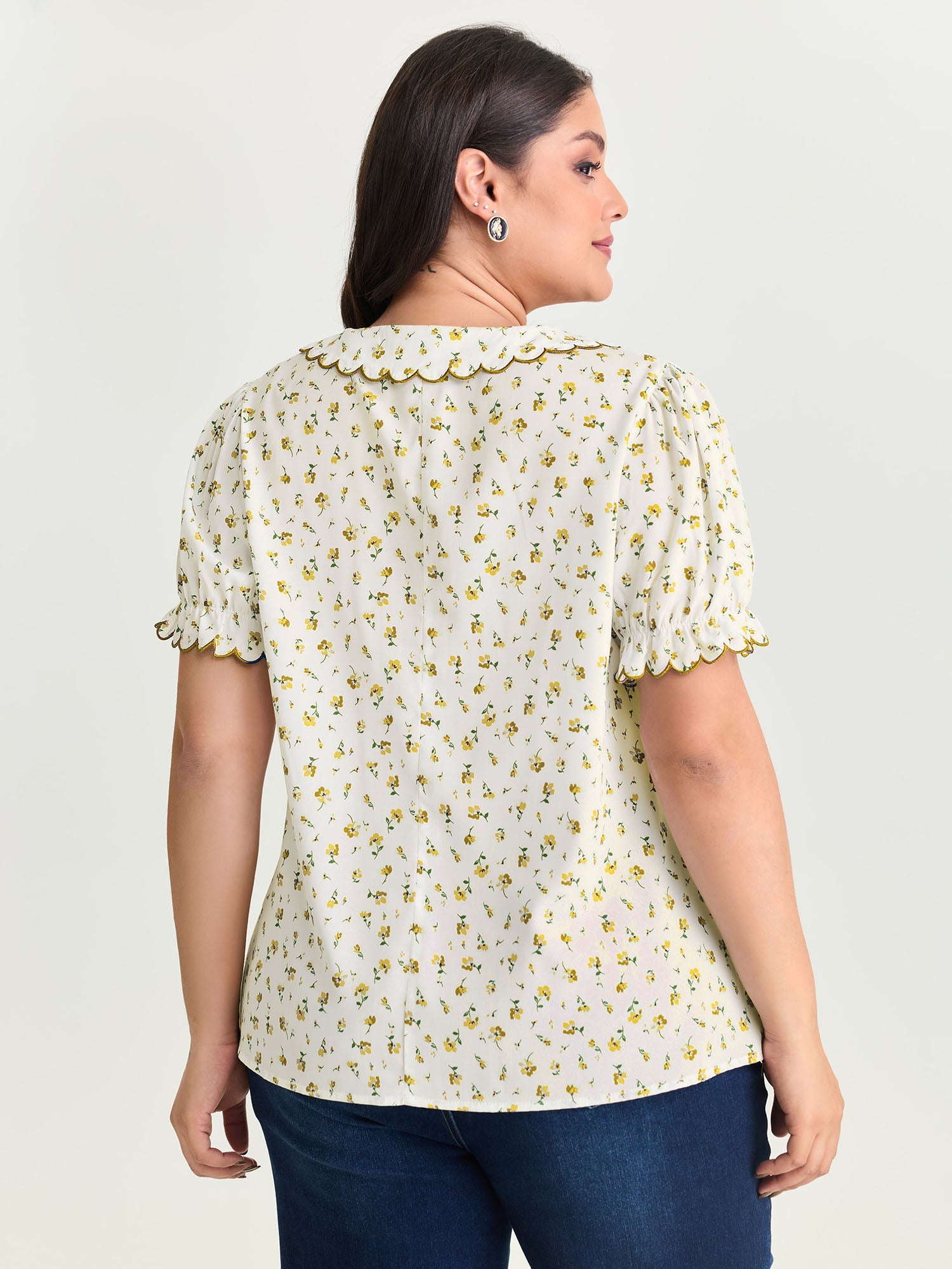 Floral Embroidery Pleated Button-Front Blouse