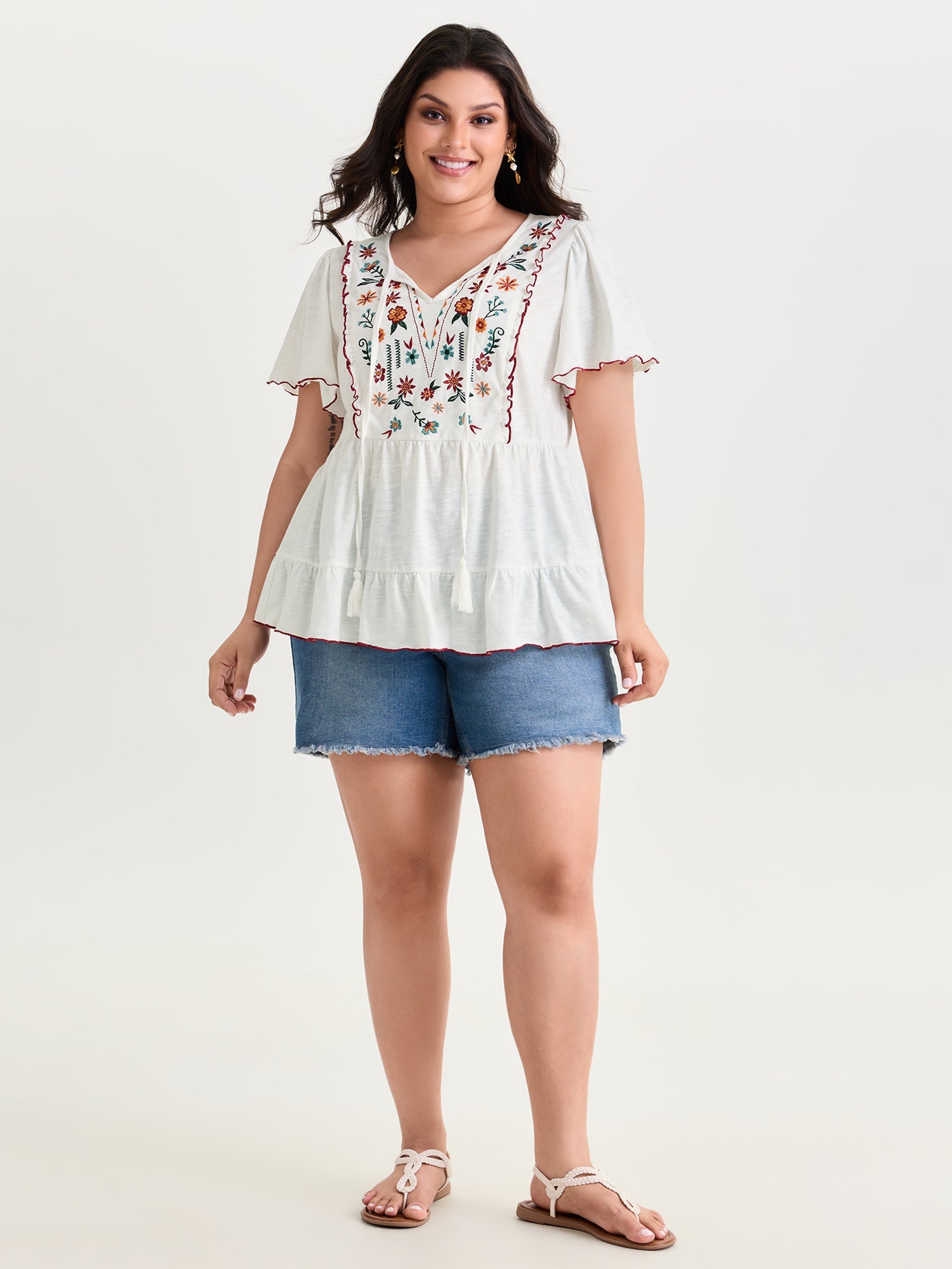 Supersoft Floral Embroidered Tassels T-Shirt