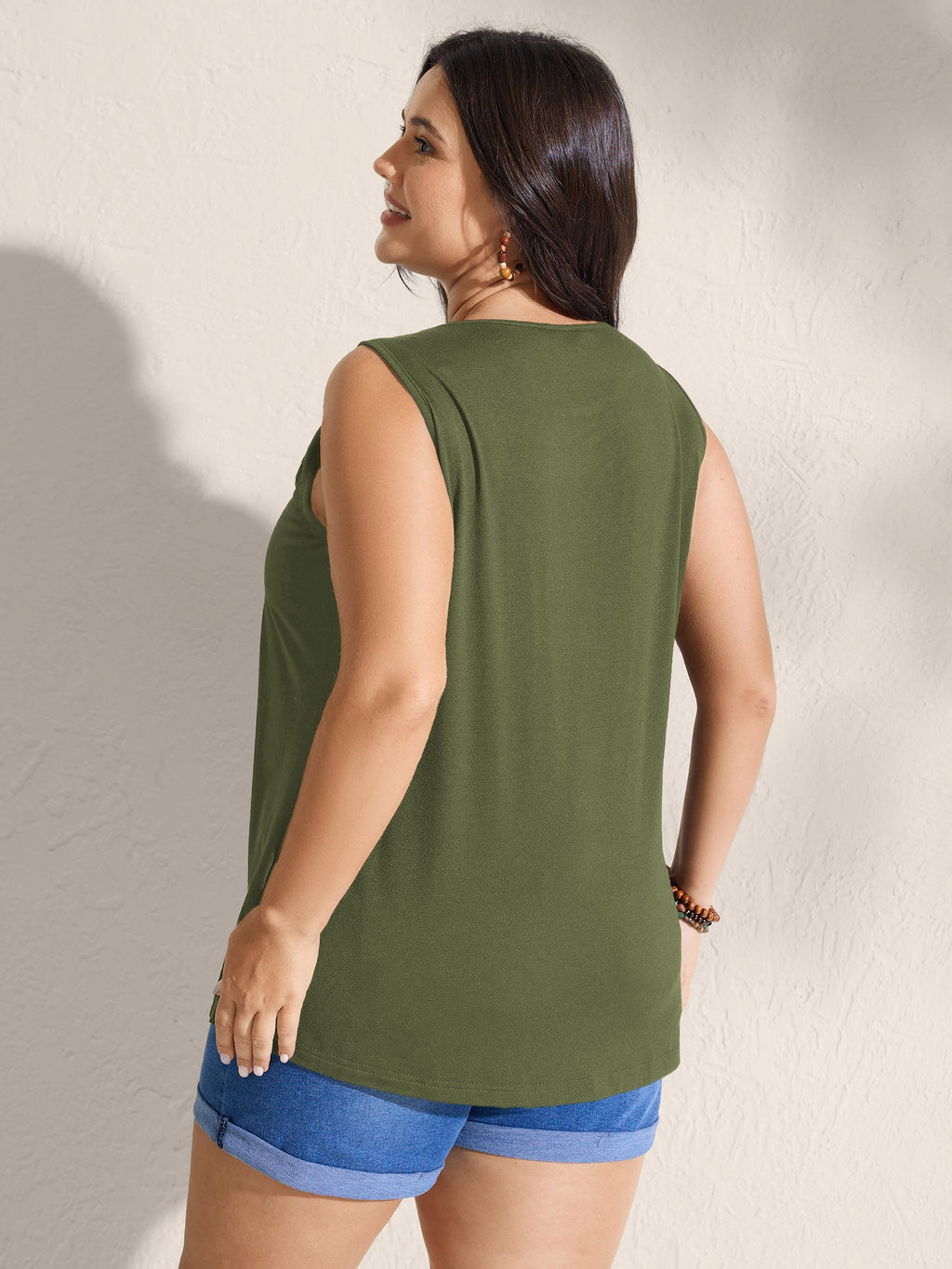 Embroidered Neckline Pleated Front Panel Tank Top