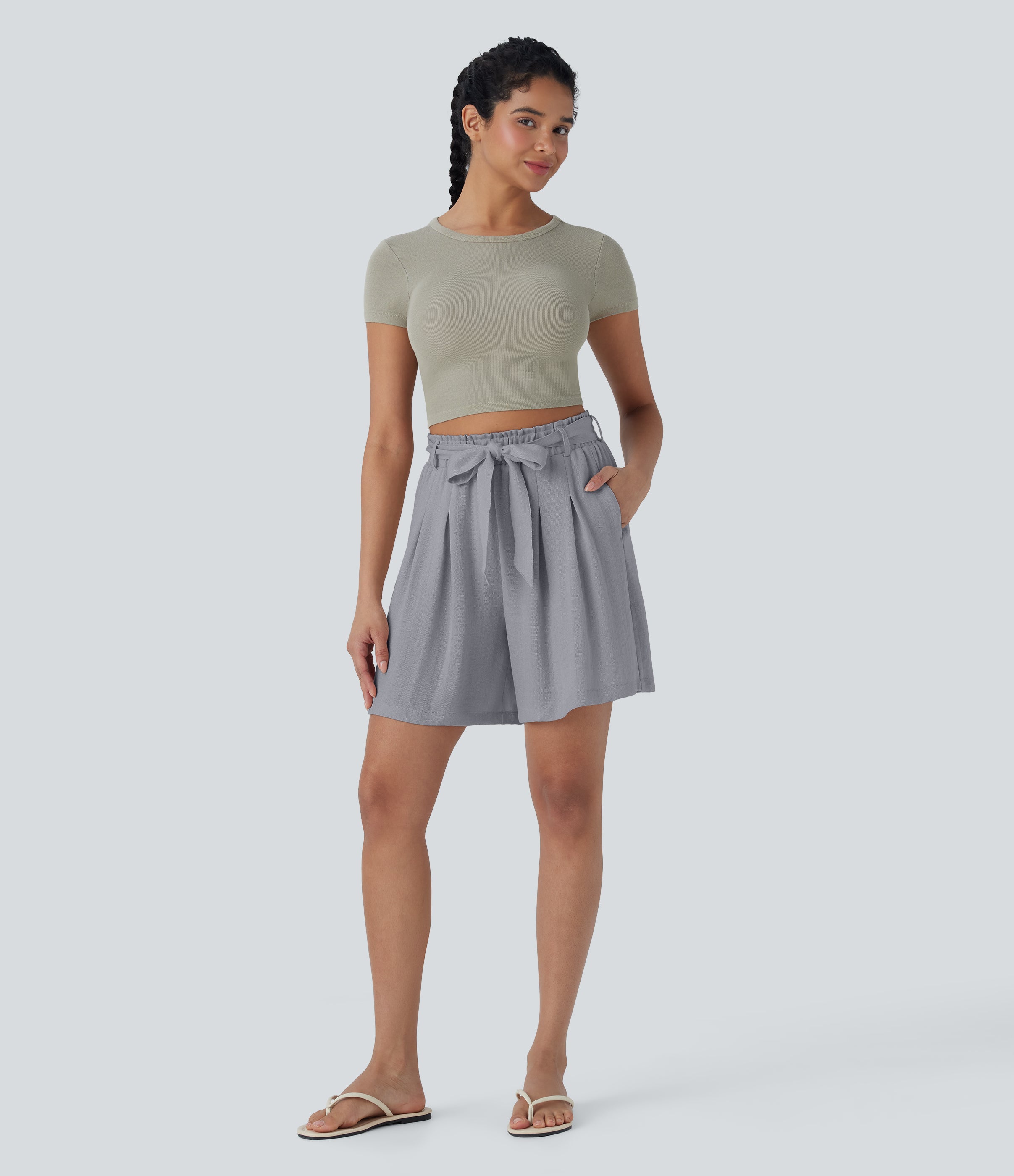 High Waisted Belted Casual Linen-Feel Bermuda Shorts with Pockets
