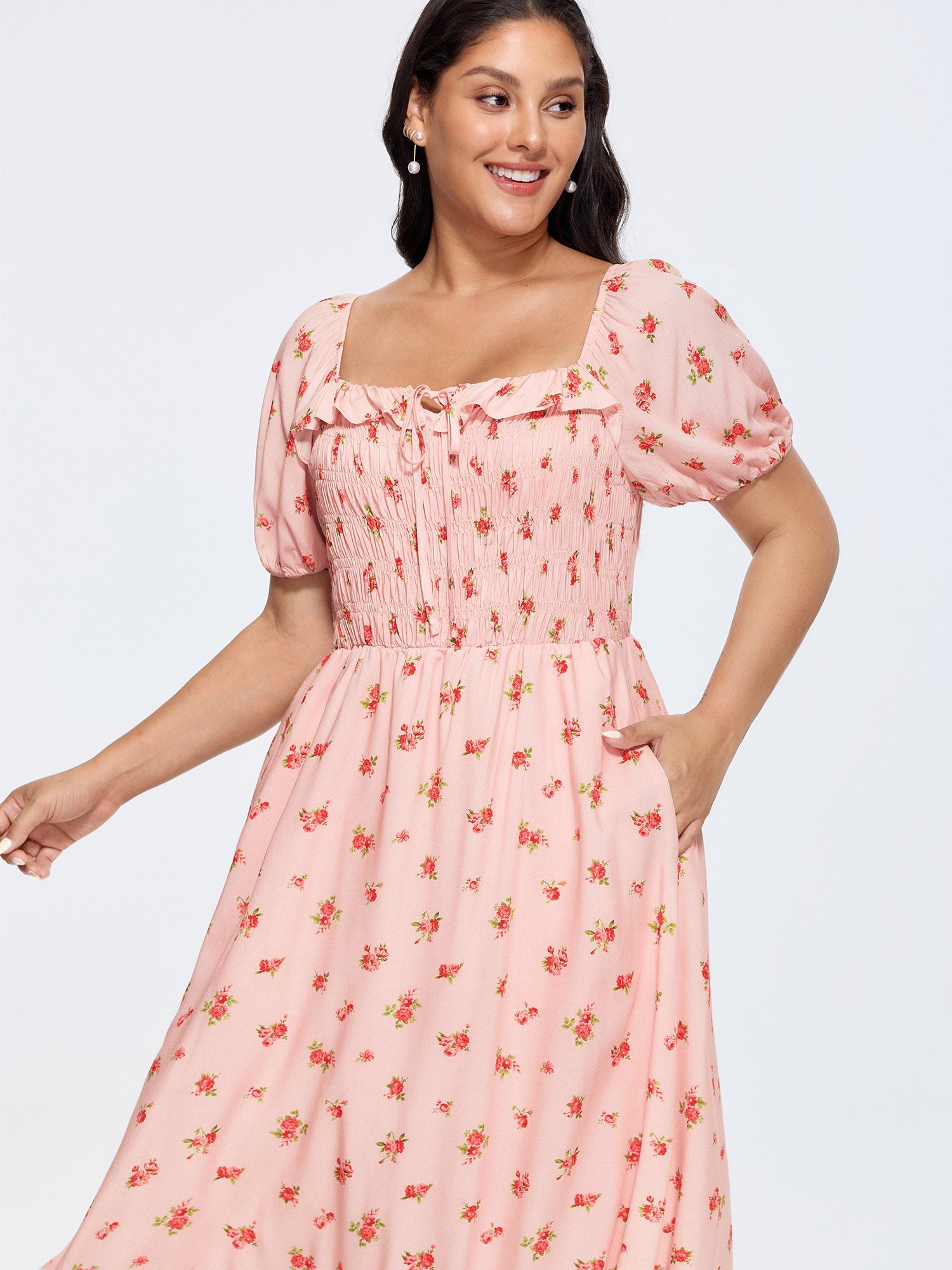 Floral Print Shirred Ruffled Neckline Midi Dress