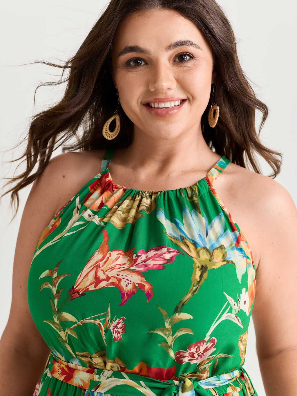 Large Floral Print Halter Neckline Midi Dress