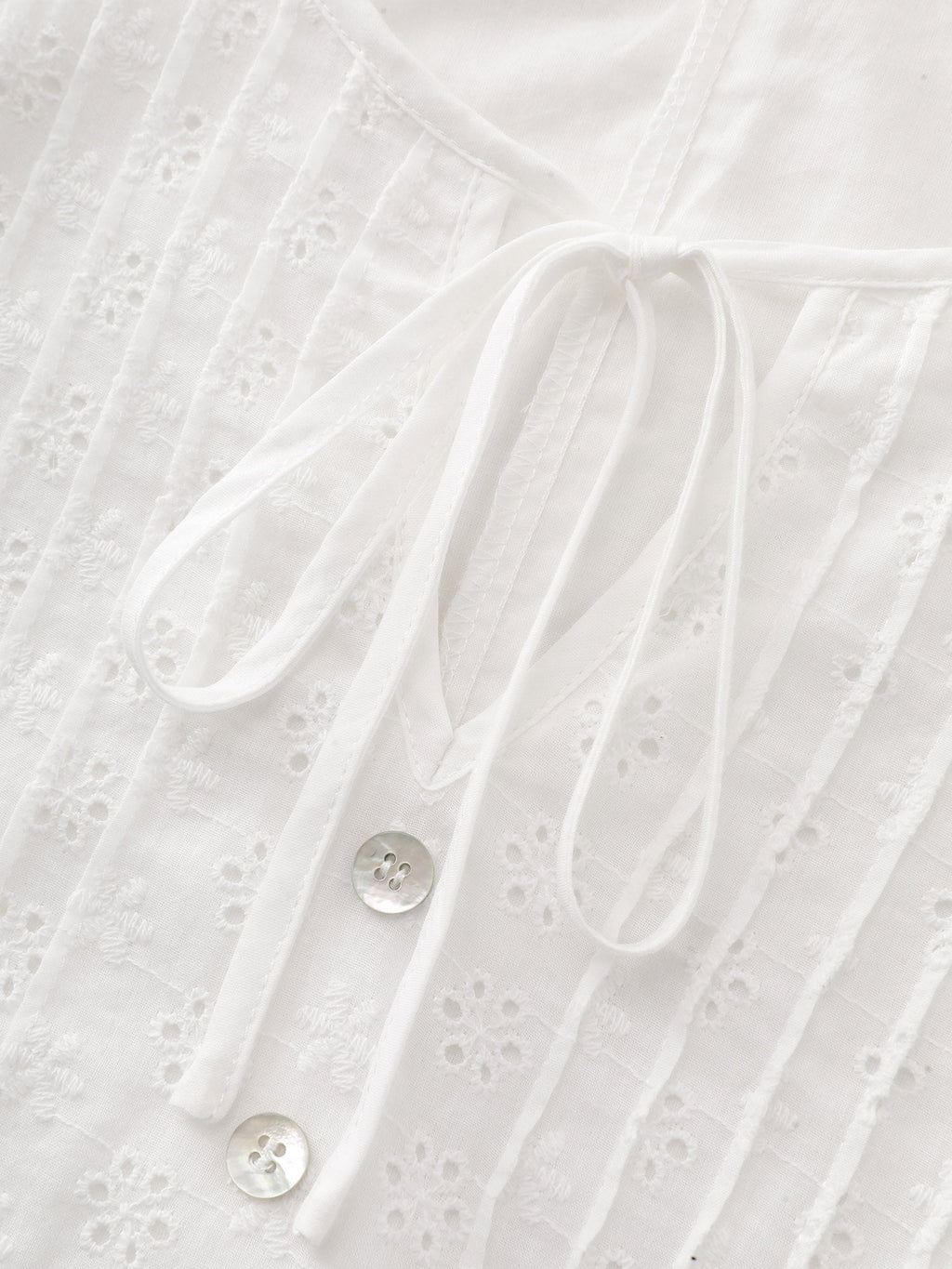 Cotton Eyelet Trim Neck-Tie Pleated Mini Dress