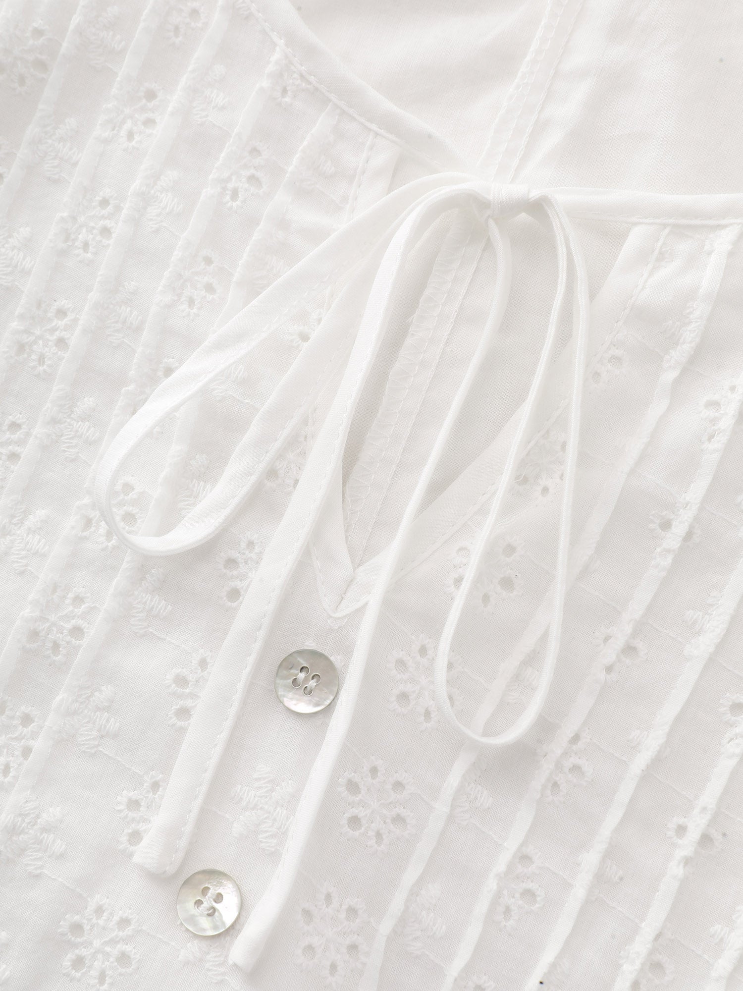 Cotton Eyelet Trim Neck-Tie Pleated Mini Dress
