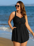 Cut-Out Drawstring Pockets Swim Romper