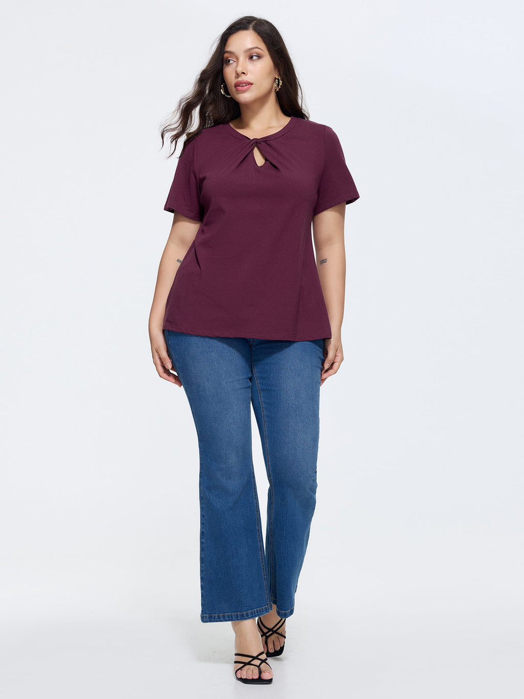Knotted Cut-Out Neckline Solid T-Shirt