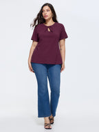 Knotted Cut-Out Neckline Solid T-Shirt