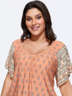 Supersoft Floral Print Flared Sleeve Pleated Knit Top