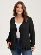 Supersoft Textured Floral Button Ruffled Hem Knit Cardigan
