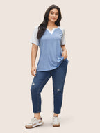 Colorblock Contrast Notched Raglan Sleeve T-shirt