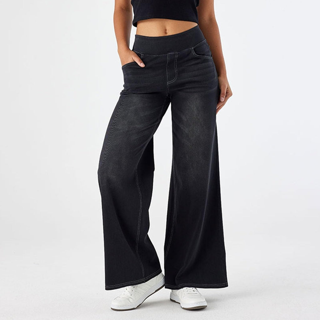2026🔥 FlexTM High Waisted Multiple Pockets Baggy Wide Leg Washed Stretchy Knit Casual Jeans