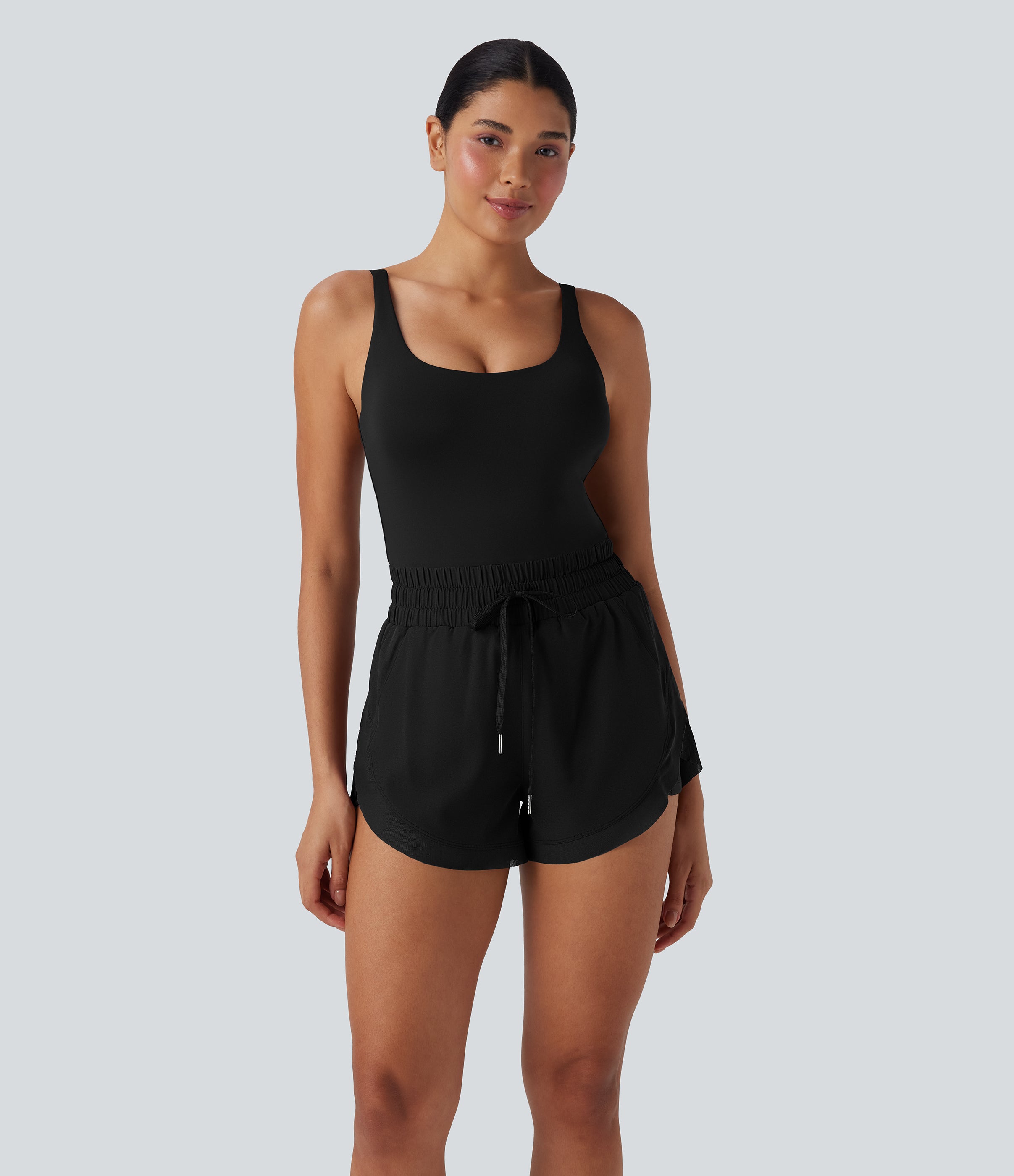 Shirred Drawstring 2-in-1 Running Romper with Pockets
