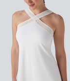 SoftlyzeroTM Airy Halter Cut Out Backless 2-in-1 Cool Touch Mini Yoga Active Dress with Side Pockets-Easy Peezy Edition-UPF50+