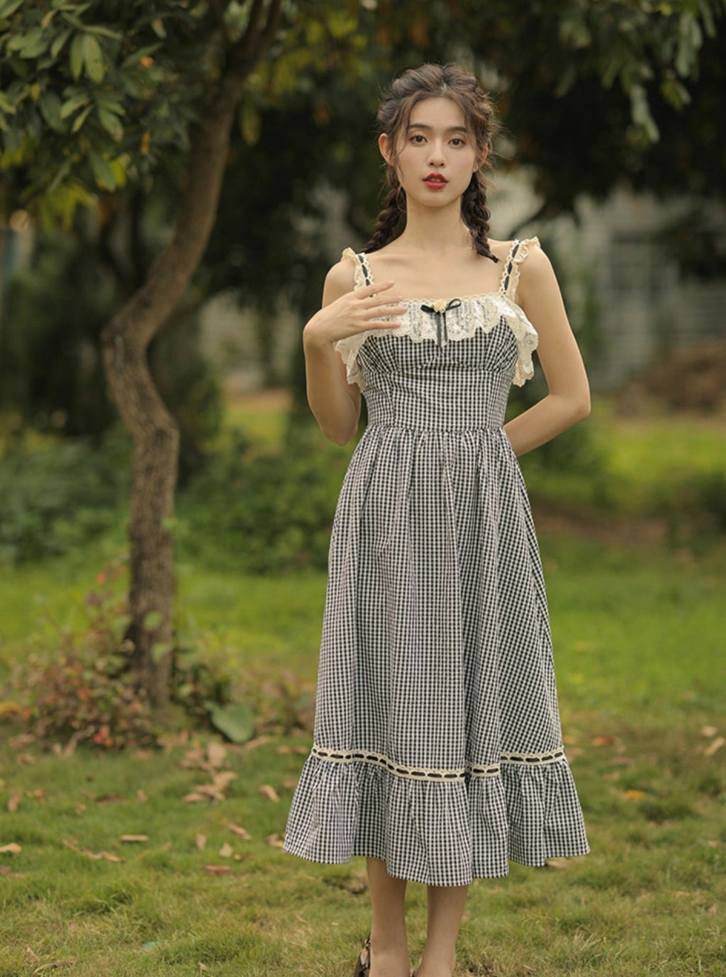 Black Lace Boned Corset + Lace Checkered Slip Dress