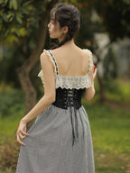 Black Lace Boned Corset + Lace Checkered Slip Dress