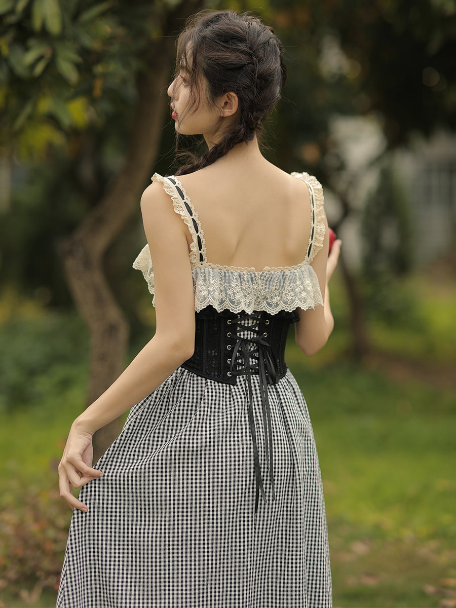 Black Lace Boned Corset + Lace Checkered Slip Dress
