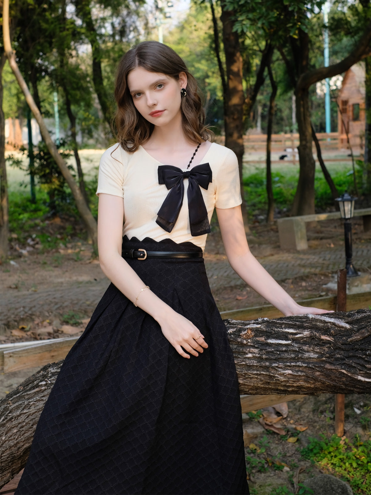 Elegant Bow Knitted T Shirt + Black A Skirt