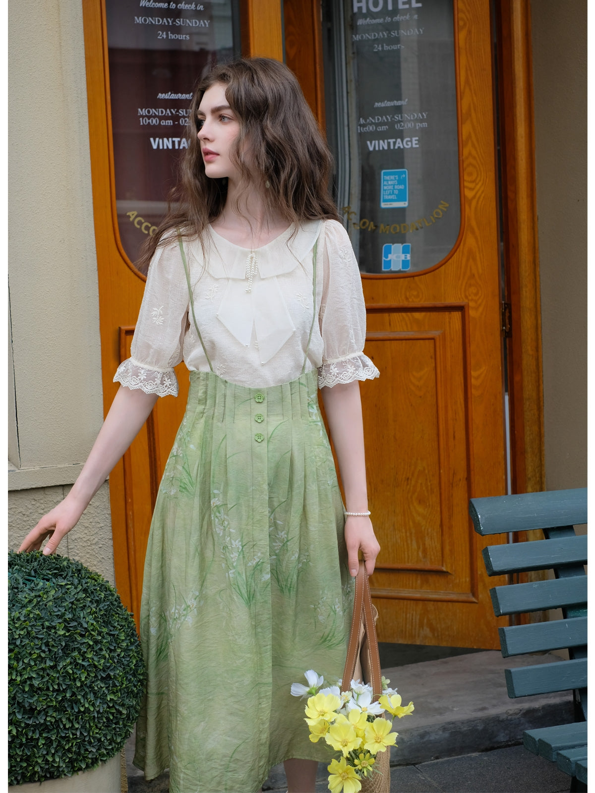 Embroidered Chiffon Shirt + High Waist Pinafore Skirt