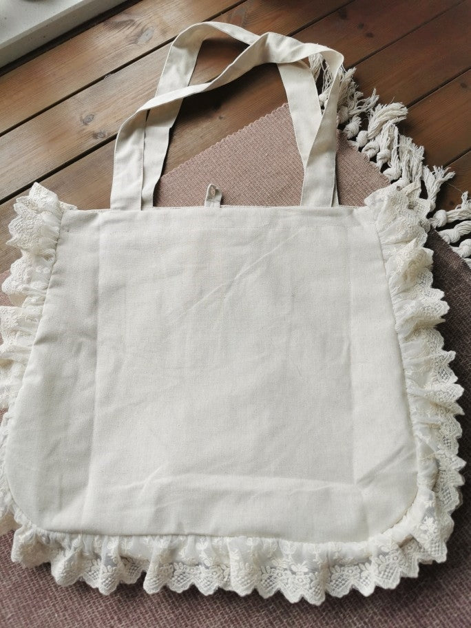 Floral Embroidered Lace Trim Linen Bag
