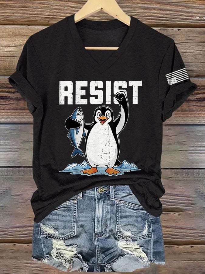 🔥Buy 3 Get 15% Off🔥V-Neck Retro Penguins Resist Tariffs Print T-Shirt